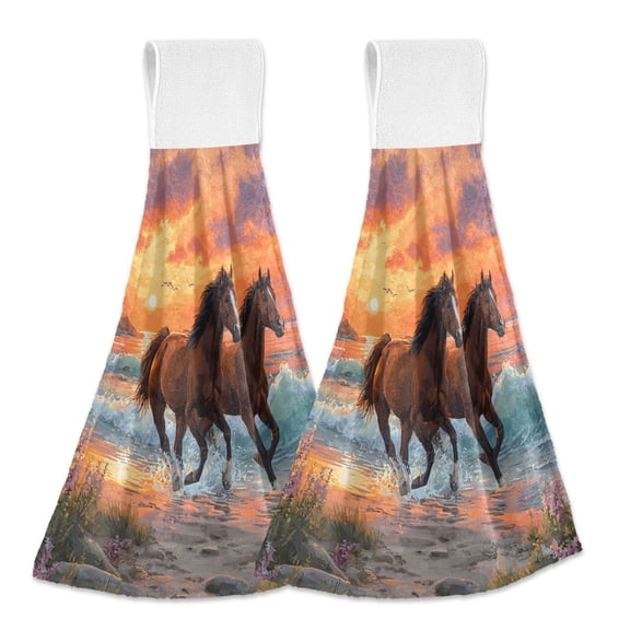Seaside Horse Running Sunset Hanging Towels with Loop Hand Towels Nylon Fastener Tape Design Dish Cloths 2 Pieces