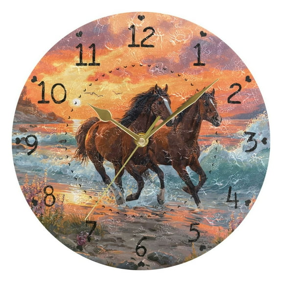 Seaside Horse Running Sunset Round Wall Clock Silent Analog Battery Operated Gold Pointer Home Decor 9.84" Diameter