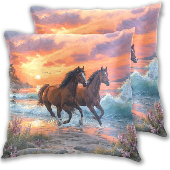 Seaside Horse Running Sunset Throw Pillow Covers Pillowcases 18 x 18 Inch Home Decor 2 Packs for Bedroom Sofa