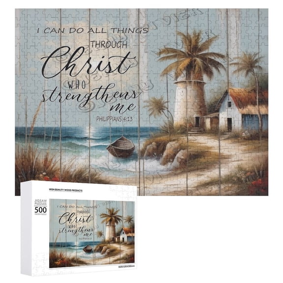Seaside House I Can Do All Things Through Christ Philippians 4-13:2 Wooden Sign For Home Office Wall Decor 500 PCS Funny Wood Puzzles Wooden Wall Art Decorative Sign 15"x20.5"