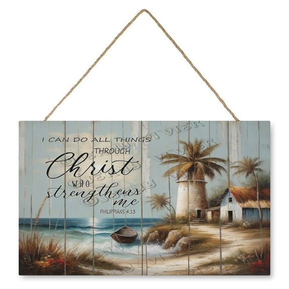 Seaside House I Can Do All Things Through Christ Philippians 4:13 Wall Art Wooden Hanging Sign Vintage Pictures for Bedroom Bathroom Kitchen Wall Decorations Bar Interior Decor 10"x16"