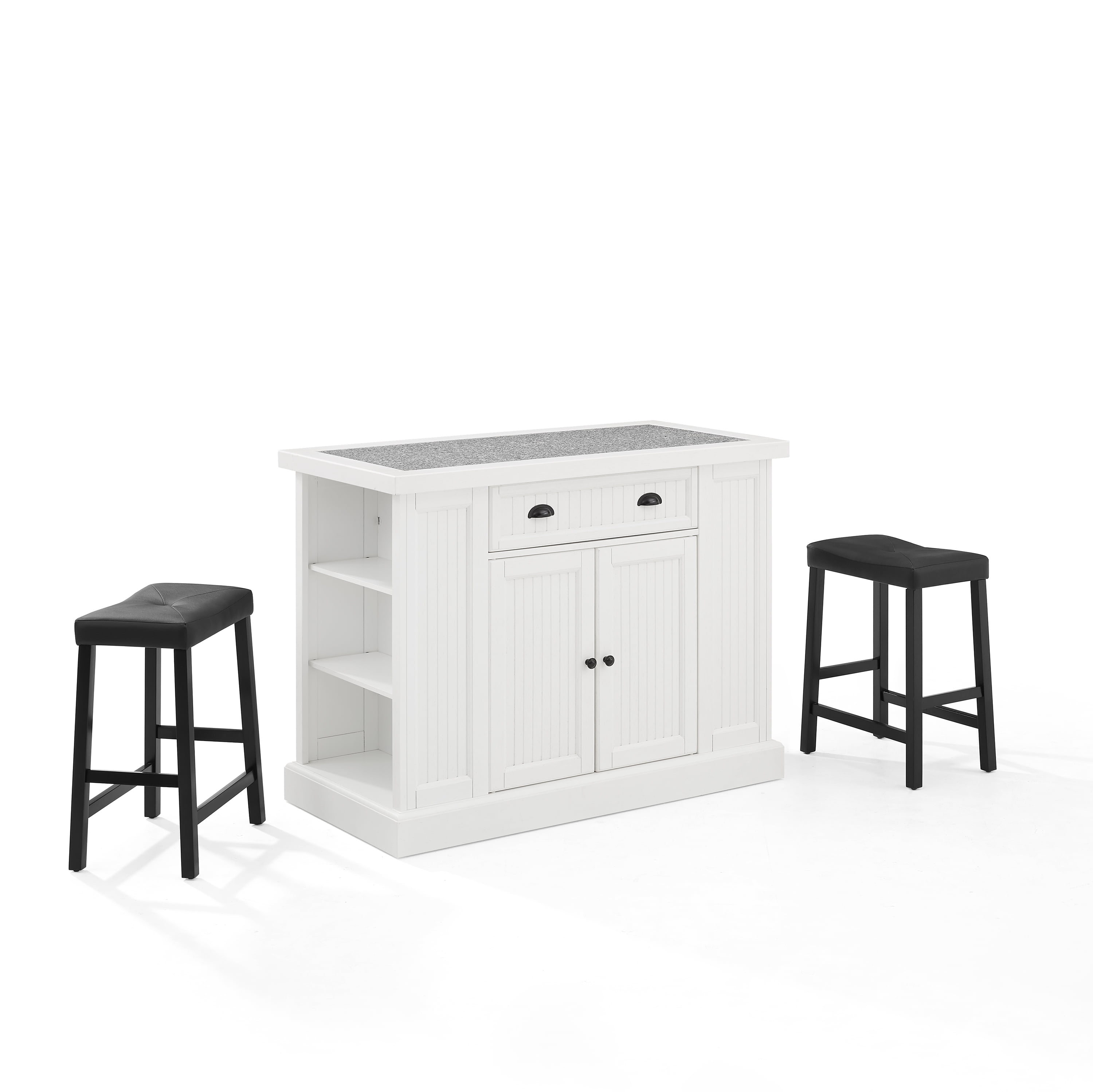 Seaside Kitchen Island with Upholstered Saddle Stools