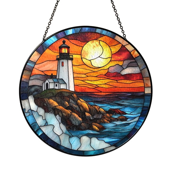 Seaside Landscape Acrylic Stained Glass Style Window Suncatcher, Lighthouse Art Panel, Decorative Acrylic Window Decor for Coastal Interior