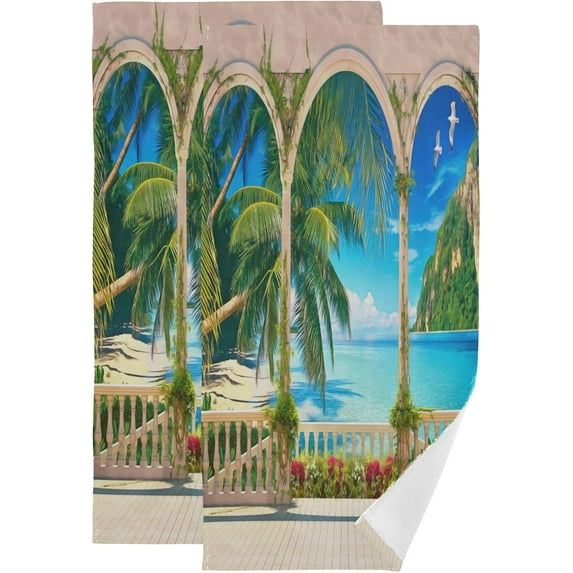 Seaside Landscape Kitchen Hand Towels 2 PCS, Tropical Beach Tree Fingertip Bath Towels Ultra Soft and Highly Absorbent, Decorative Face Towels Dish Washcloths, 28.3"x14.4"