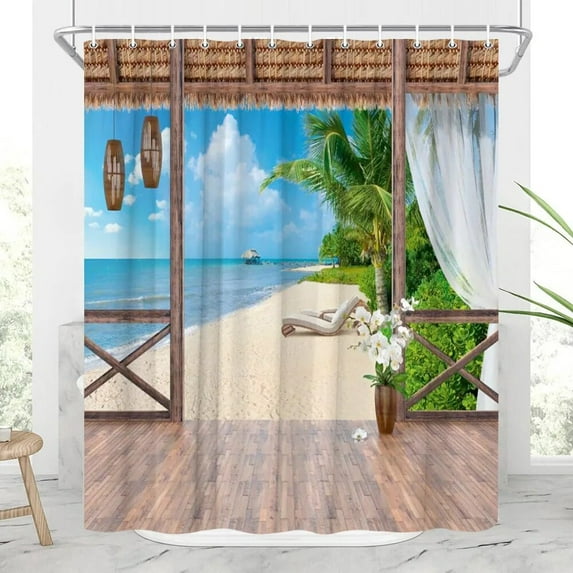 Seaside Landscape Outdoor Shower Curtain Ocean Beach Tropical Plants Nature Landscape Faux Window Hanging Curtain Bathroom Decor