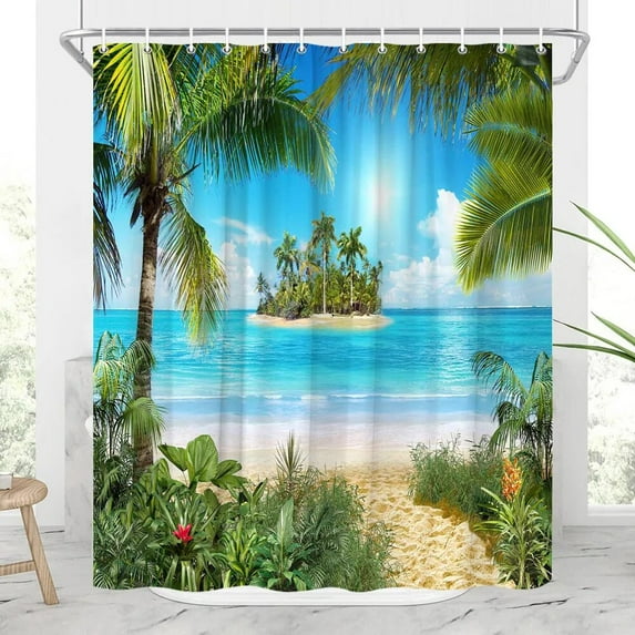 Seaside Landscape Outdoor Shower Curtain Ocean Beach Tropical Plants Nature Landscape Faux Window Hanging Curtain Bathroom Decor
