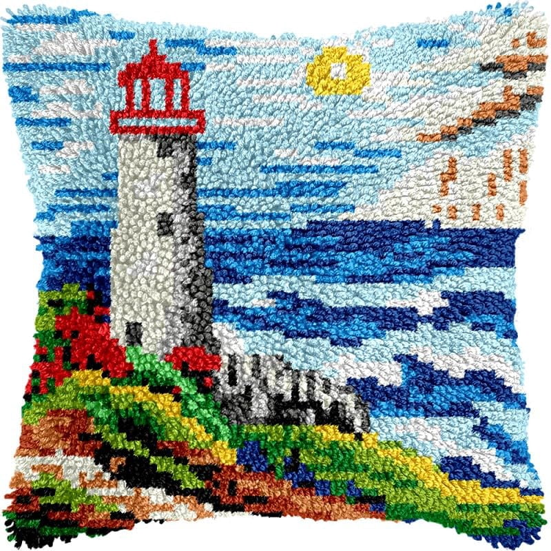 Seaside Lighouse Latch Hook Pillows Kits Cushion Pillow Cover with Pattern Printed Canvas Sofa Hooking Pillowcase Crafts Embroidery Latch Hooking Crochet Kits Set 17x17 inch(1)