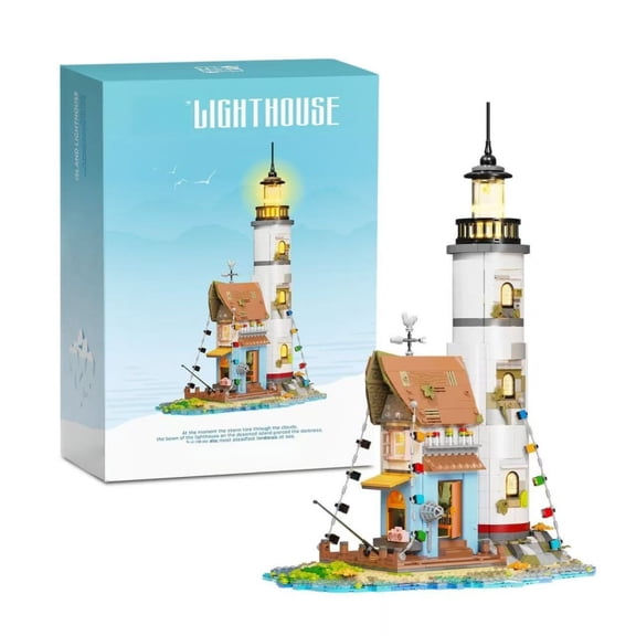 Seaside Lighthouse Building Blocks Set with Cottage Architecture DIY Collectible Coastal Scene Model Bricks Kit
