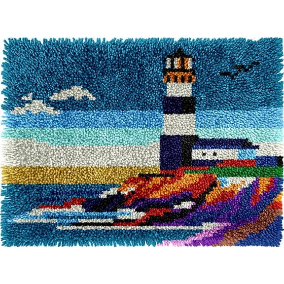 Seaside Lighthouse DIY Latch Hook Kits Rug DIY Cushion Tapestry Making Crochet Hooking Mat Making Kits Color Imprinted Pattern Canvas DIY Carpet Needlework Crochet Kits 52x38cm
