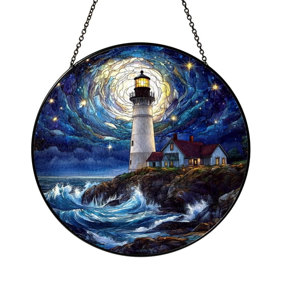 Seaside Lighthouse Glass Suncatcher Window Decor, Stained Glass Style Hanging Art