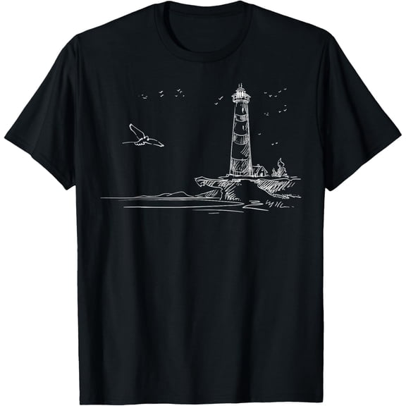 Seaside Lighthouse Nautical Sketch Art T-Shirt men and women can wear, black, white, gifts.