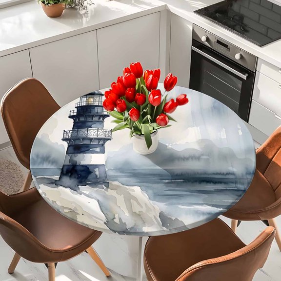 Seaside Lighthouse Round Fitted Tablecloth with Elastic Edge,Waterproof Table Cloth Fits Tables Up to 36"-44",Wipeable Table Cover for Indoor Outdoor Dinning Party,Coastal Ocean Wave Oil Painting