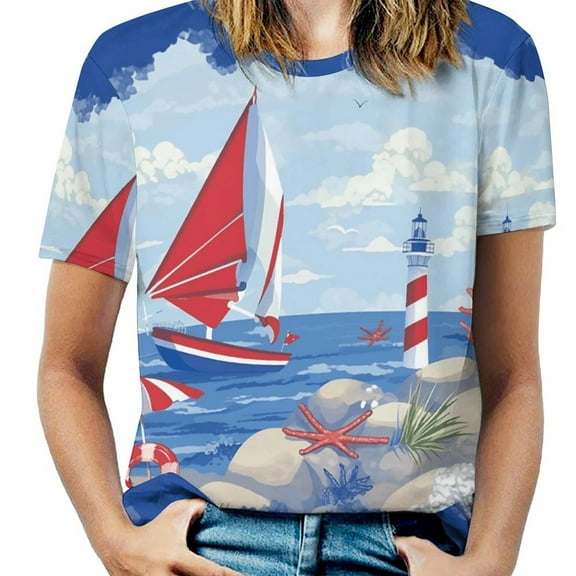 Seaside Lighthouse Sailboat Womens Tops Women's Fashion Casual Short Sleeve Flower Print Round Neck Pullover Top Blouse