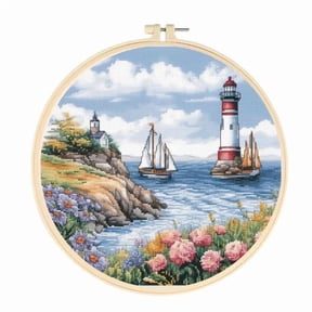 Seaside Lighthouse Scenery Easy Cross Stitch Kits for Starter Kits DIY 11CT Pre-printed Stamped Patterns Embroidery Cross Stitching Needlework Kit Set Supplies with Hoop 35x35cm (a97)