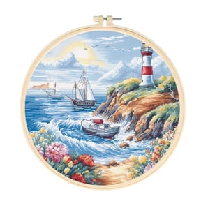 Seaside Lighthouse Scenery Easy Cross Stitch Kits for Starter Kits DIY 11CT Pre-printed Stamped Patterns Embroidery Cross Stitching Needlework Kit Set Supplies with Hoop 35x35cm (a96)