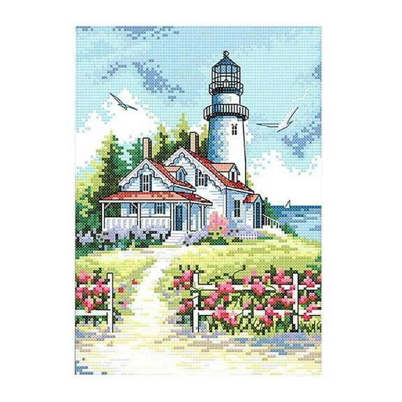 Seaside Lighthouse Stamped Cross Stitch Kit DIY Needlework PrePrinted Fabric