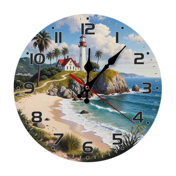 Seaside Lighthouse Wall Clock 10 Inch Silent Non Ticking Round Clock Decoration for Living Room Kitchen Bedroom Bathroom Office Classroom