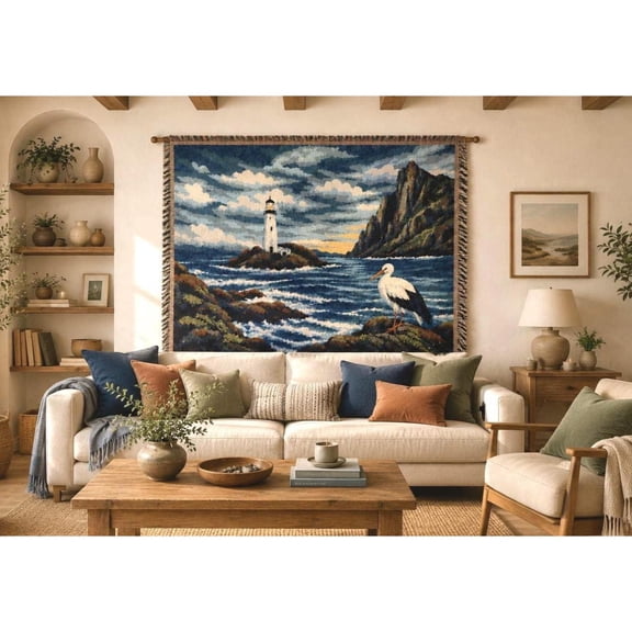 Seaside Lighthouse Woven Cotton Throw Blanket, Lightweight Comfort