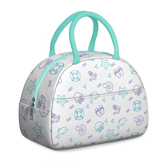 Seaside Mermaid Lunch Box with Ocean Fish and Anchor Print, Reusable Leakproof Thermal Tote, Summer Coastal Style Cooler for Women’s Meals