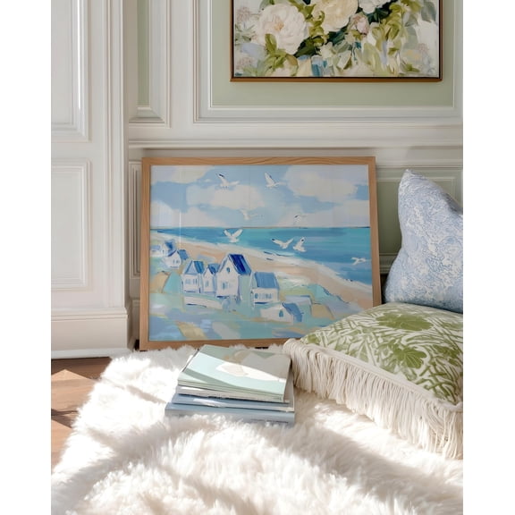 Seaside Nantucket Blue Wall Art Print, Coastal Harbor Bay Decor, Nautical Boat Landscape Poster Unframed Paper Print