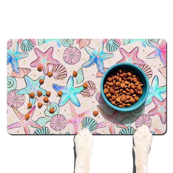 Seaside Nautical Dog Food Mat - Waterproof Pet Feeding Pad with Starfish Design - Easy to Clean