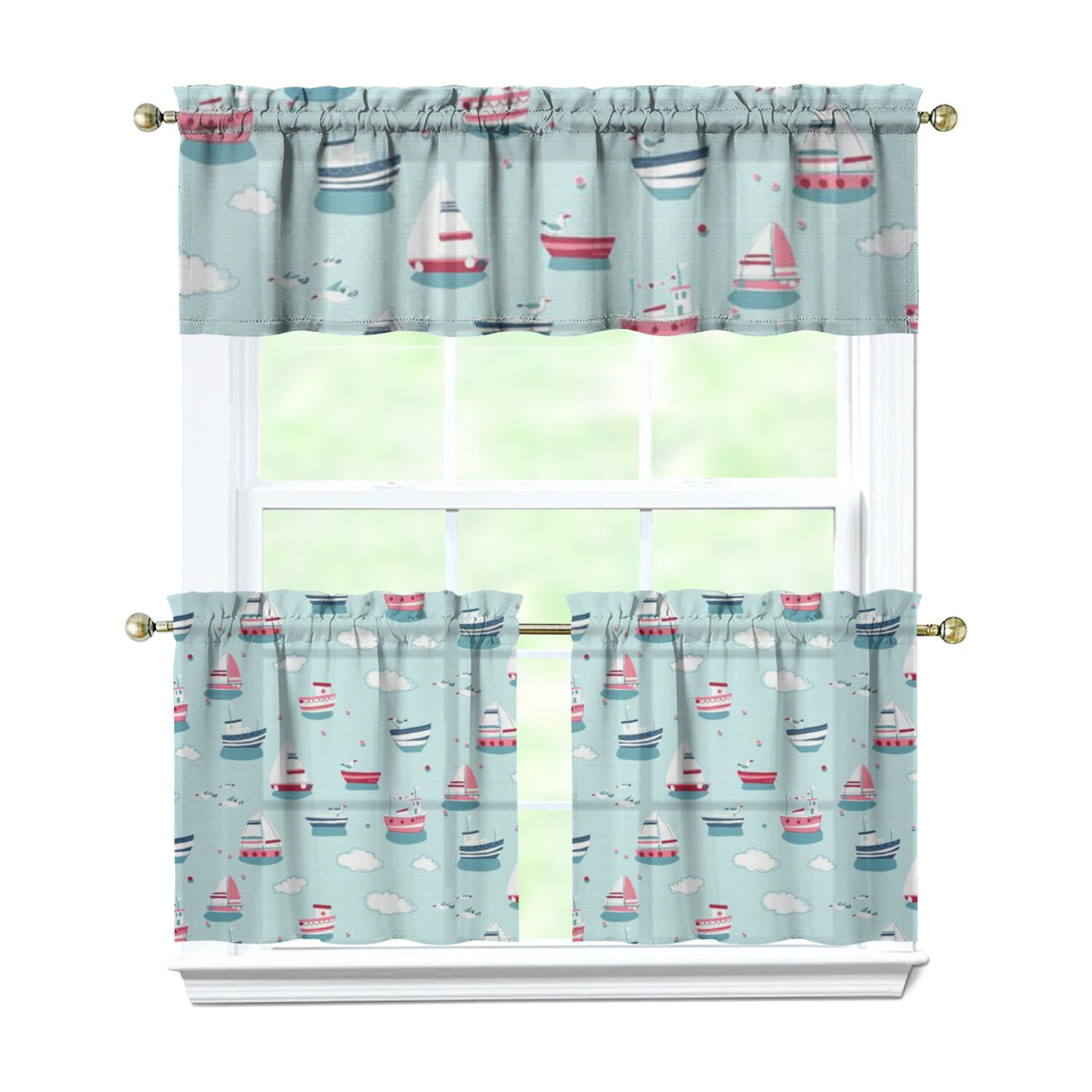 Seaside Nautical Kitchen Curtains Set with Anchor and Lighthouse Marine ...