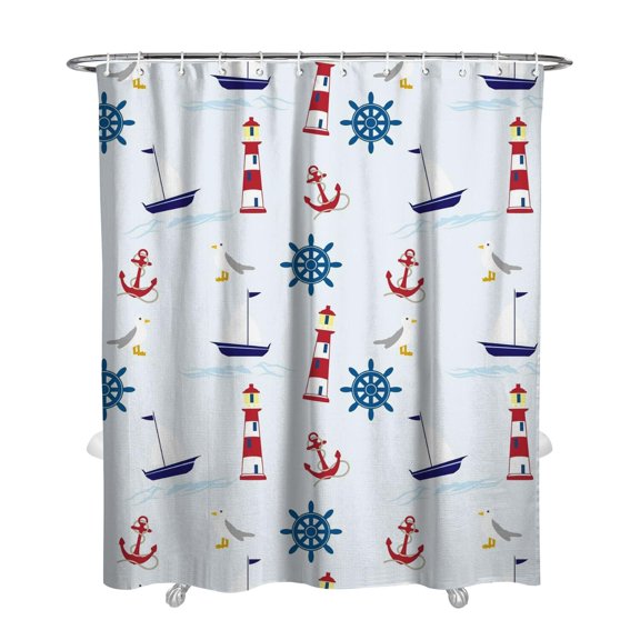Seaside Nautical Shower Curtain, Anchor, Boat, Lighthouse and Ocean Waves Print with Marine Compass, Map, Coral, Sailing, and Maritime Voyage Design, Waterproof 72x84