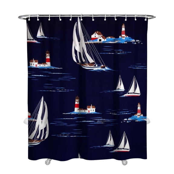 Seaside Nautical Shower Curtain, Anchor, Boat, Lighthouse and Ocean Waves Print with Marine Compass, Map, Coral, Sailing, and Maritime Voyage Design, Waterproof 72x84