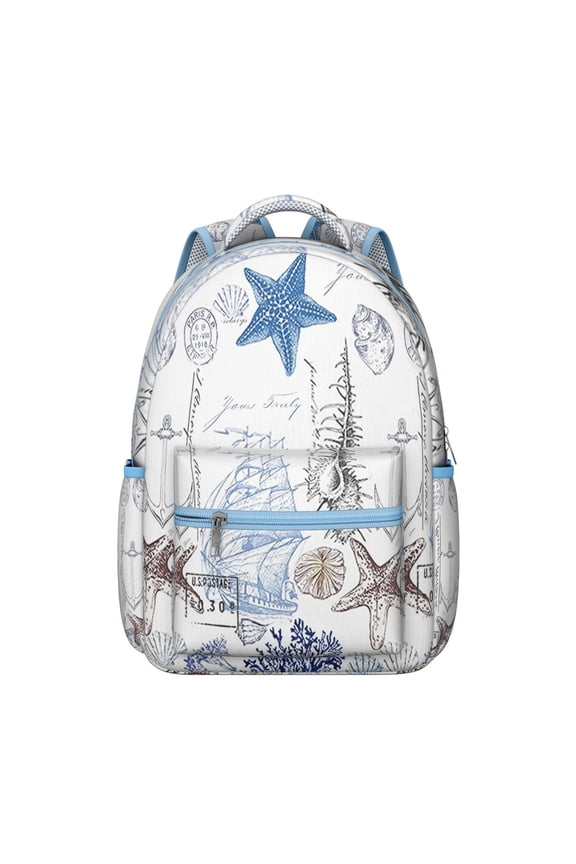 Seaside Nautical Student Backpack Waterproof Durable Composite Oxford Cloth with Anchor, Mermaid, and Sand Print, Adjustable Straps, Large Capacity for School and Summer Activities