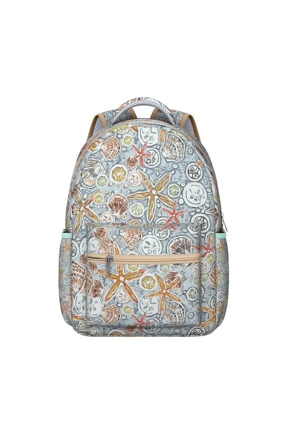 Seaside Nautical Student Backpack Waterproof Durable Composite Oxford Cloth with Anchor, Mermaid, and Sand Print, Adjustable Straps, Large Capacity for School and Summer Activities