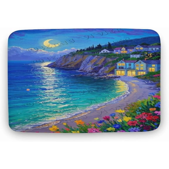 Seaside Night View Beach Decor Bath Rug, Soft Plush Microfiber Non-Slip Mat for Home Decor Lovers, Patio, Bedroom, or Office, Summer Gift, 16x24 in