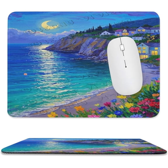 Seaside Night View Beach Decor Mouse Pad 8x10 in with Stitched Edge, Non-Slip Rubber Base Mouse Pad, Scenic Night Beach Artwork for Computer Office Desk Accessories