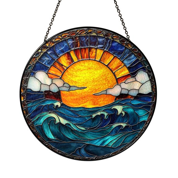 Seaside Ocean View Stained Glass Style Decorative Window Panel, Coastal Inspired Art Hanging for Beach Home Decor