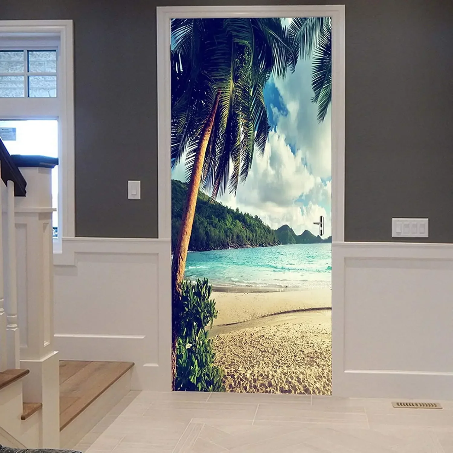 Secenery Sticker Background Seaside Palm Tree Door Stickers Hawaii Ocean Scenery Mural Sticker ...