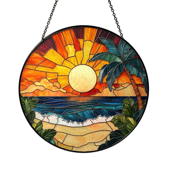 Tree Staining Seaside Palm Tree Sunset Stained Glass Hanging Decor Accent for Beach ...