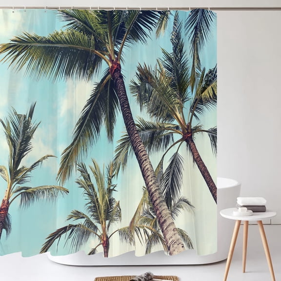 Seaside Palm Tree landscape Printed Shower Curtain Ocean Sunny Beach Waterproof