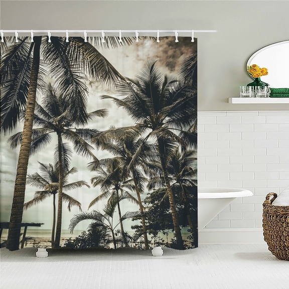 Seaside Palm Tree landscape Printed Shower Curtain Ocean Sunny Beach Waterproof