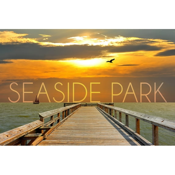 Seaside Park, New Jersey, Pier at Sunset (9x12 Wall Art Print, Home Decor)