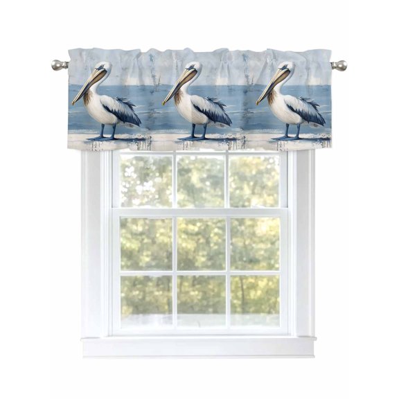 Seaside Pelican Curtain Valances for Windows, Blue Rustic Art Ocean Birds Kitchen Valance Window Treatment, Light Filtering Block Curtains for Bathroom/Bedroom/Living Room 60'' x 18''
