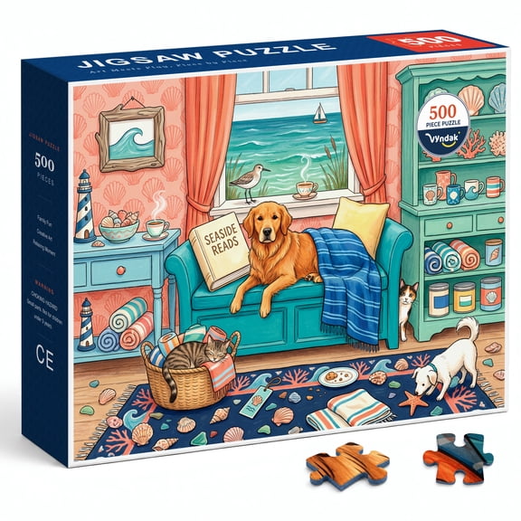 Seaside Reading Nook 500 Piece Jigsaw Puzzle for Adults, Cozy Coastal Room with Golden Retriever, Cats, Shells, Ocean Window, Watercolor Beach Cottage Puzzle for Book, Coffee, Tea and Pet Lovers