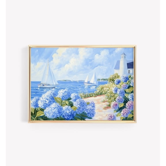 Seaside Sailboat And Hydrangeas Poster, Nantucket Wall Art, High Society Photography, Luxury Coastal Poster, Exclusive Lifestyle Decor, 24x36 UNFRAMED