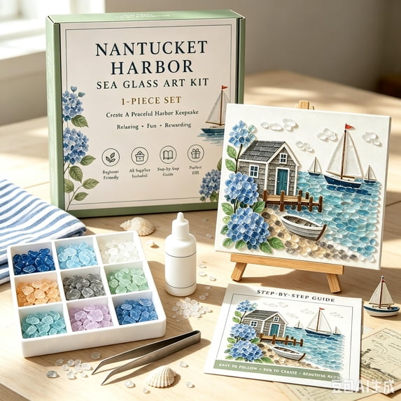 Seaside Sailing Cabin Theme DIY Sea Glass Art Kit, Sea Glass Art Kit, DIY Beautiful Sea Garden Artwork with Colorful Glass Pieces, Coastal Home Decor Creative Handmade Gift Adults
