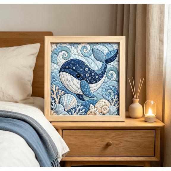 Seaside Scene DIY Fabric Patchwork Wall Art Frame, Whale Coral Quilting Kit, Creative Leisure Craft Set for Room Decoration