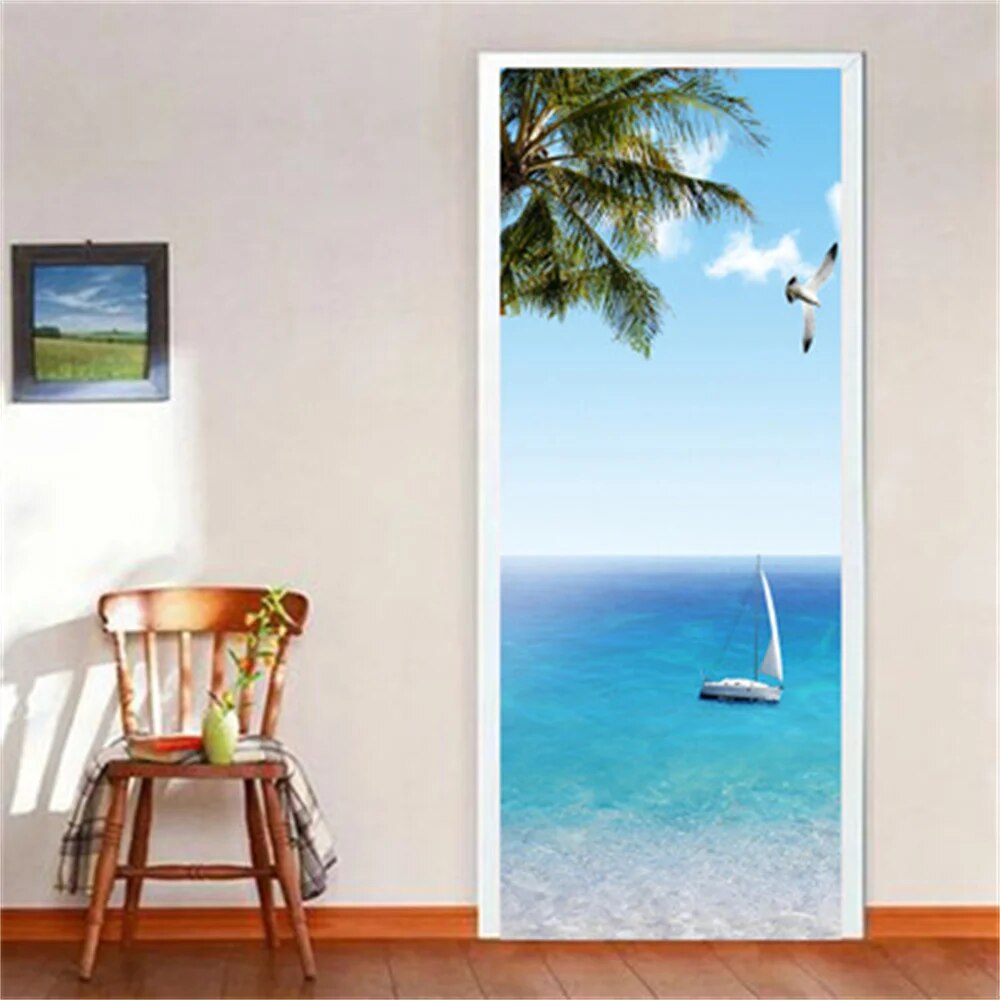 Seaside Scenery Door Stickers Ocean Beach Wallpaper Decal Hawaii Sea