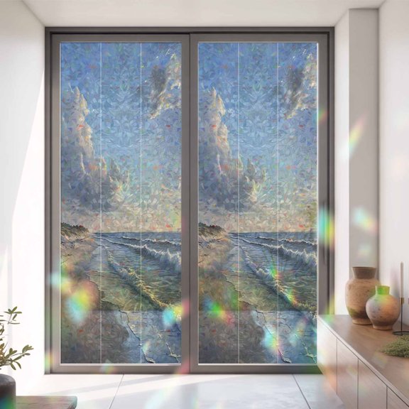 Seaside Scenery Landscape Water Waves Window Privacy Film,Decorative Windows Static Cling Nature Heat Control Removable Glass Sticker for Home Bathroom Bedroom Window Door,35x79in