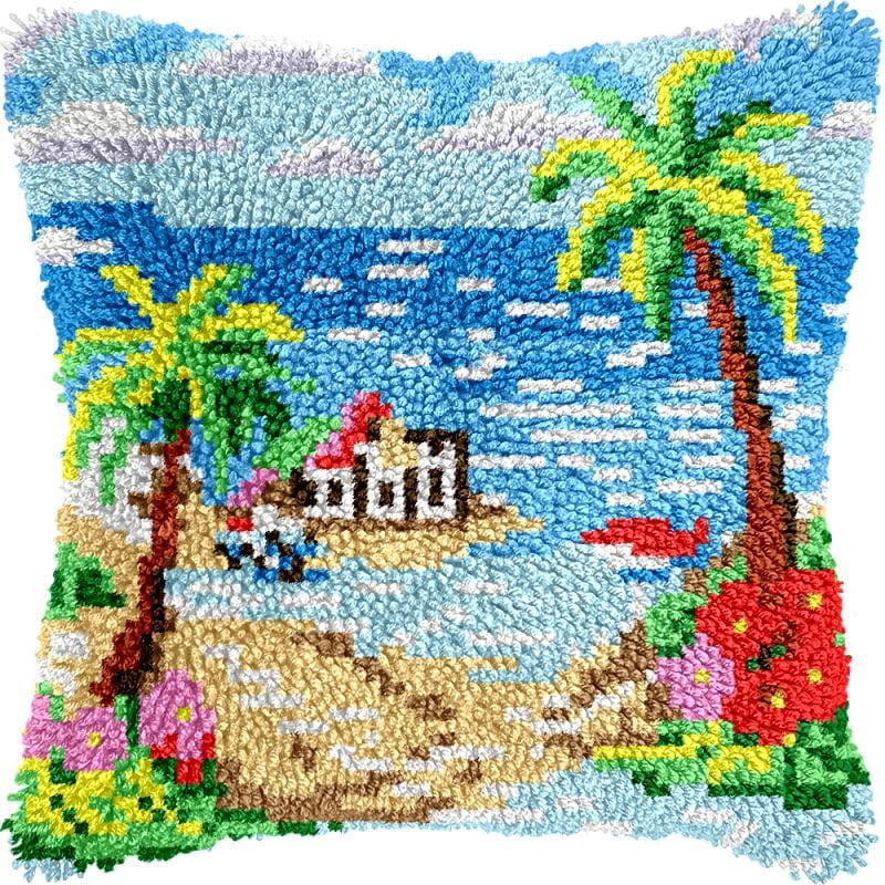 Seaside Scenery Latch Hook Pillow Kits Cushion Pillowcase with Pattern Printed Canvas Sofa Hooking Pillows Crafts Embroidery Latch Hooking Crochet Kits 17x17 inch(16)