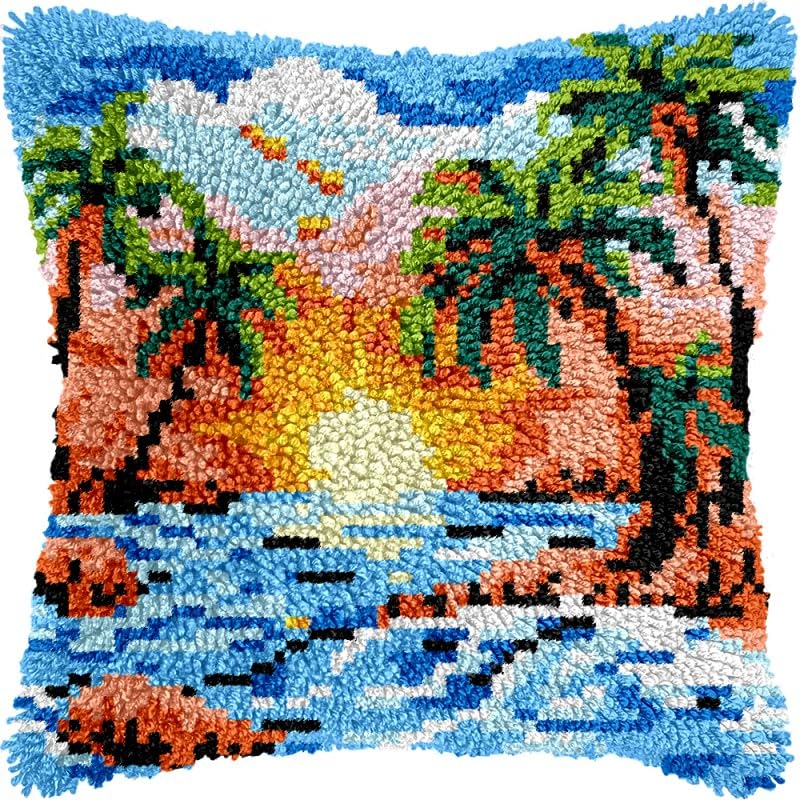 Seaside Scenery Latch Hook Pillow Kits Pillow Cover with Pattern Printed Canvas Sofa Hooking Pillowcase Cushion Crafts Embroidery Latch Hooking Crochet Starter Kits 17x17 inch(1)