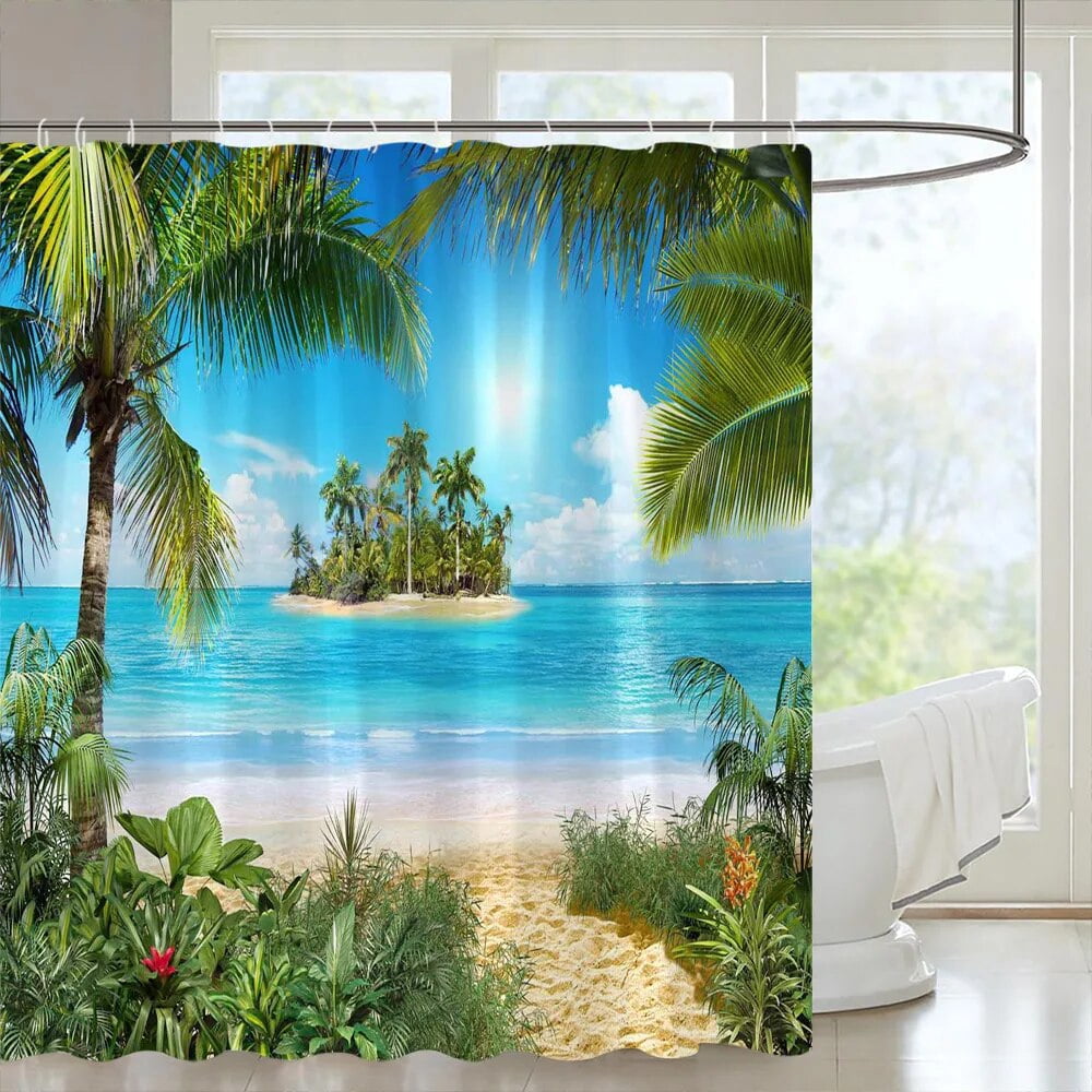 LB Greece Island Shower Curtain - Blue Aegean Sea View, 70x70 Inch Waterproof Polyester Fabric With Hooks - Nature Landscape Bathroom Decor - View #4