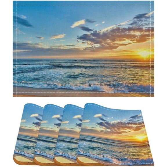 Seaside Scenery Placemats Set of 4,Summer Nature Scenery Seaside Beach Sunset Tropical Hawaii Prints Table Mats for Home Dining Table Kitchen Beach Party Decor 4PCS