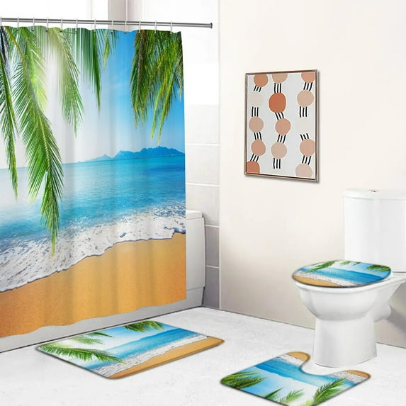 Seaside Scenic Beach Bath Curtain Sea Ocean Print Shower Curtains Bath Mat Set Polyester Waterproof Toilet Rugs Anti-slip Carpet